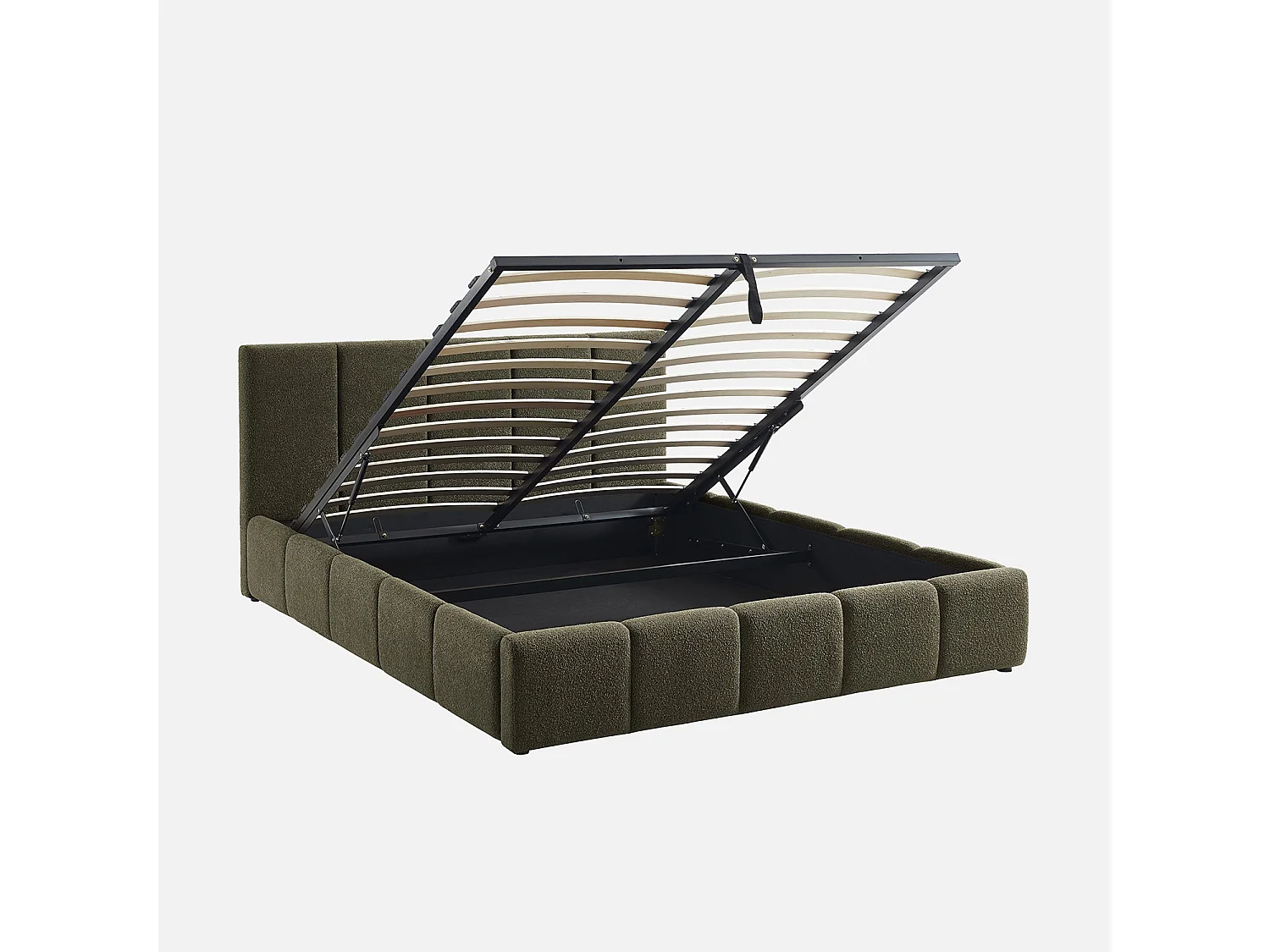 Lit coffre double avec sommier à lattes et tête de lit kaki 160 x 200 cm bouclette texturée - Lex
