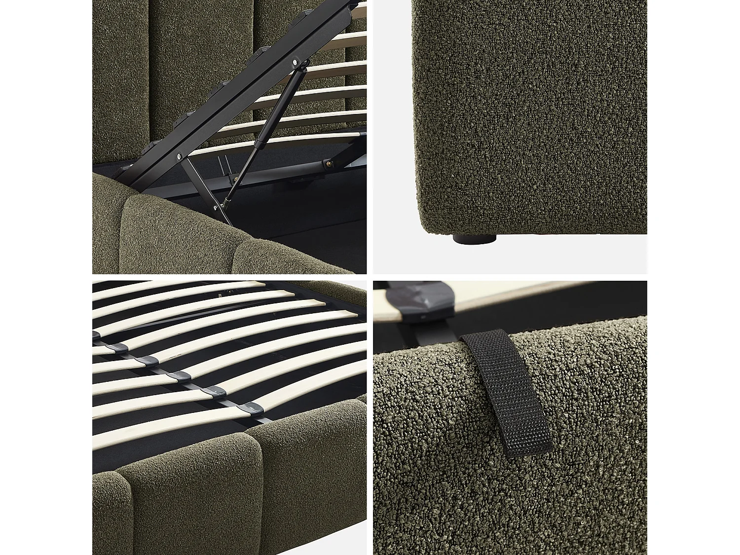 Lit coffre double avec sommier à lattes et tête de lit kaki 160 x 200 cm bouclette texturée - Lex