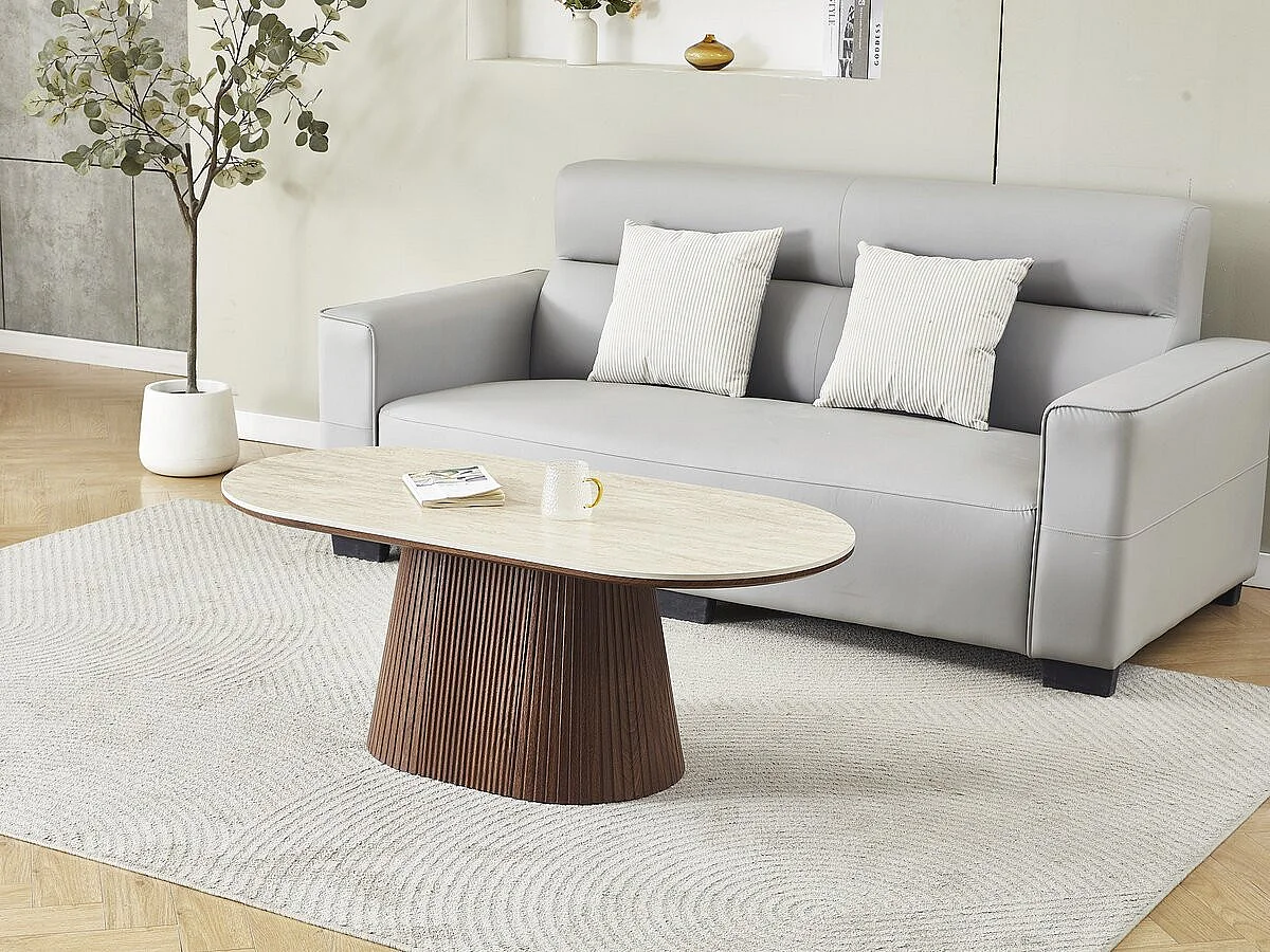 Mesa de centro ovalada Portofino 120x60 cm en cerámica travertino y madera marrón, diseño minimalista sin almacenamiento