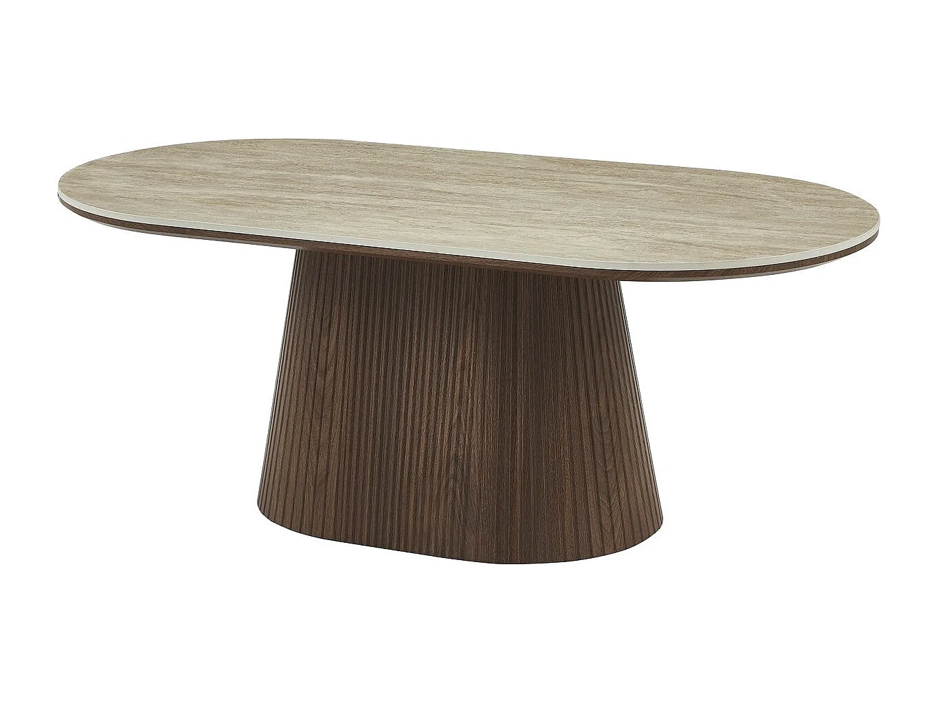 Mesa de centro ovalada Portofino 120x60 cm en cerámica travertino y madera marrón, diseño minimalista sin almacenamiento