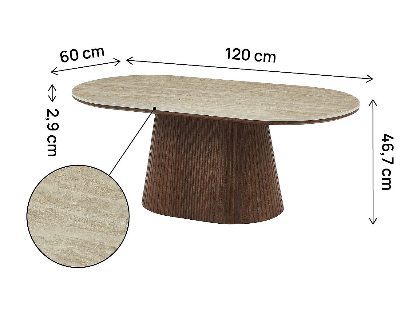 Mesa de centro ovalada Portofino 120x60 cm en cerámica travertino y madera marrón, diseño minimalista sin almacenamiento