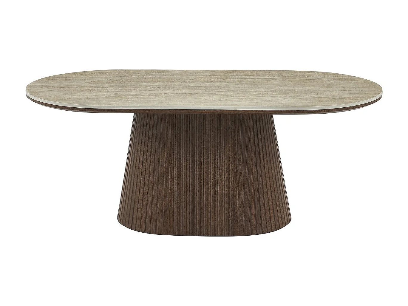 Mesa de centro ovalada Portofino 120x60 cm en cerámica travertino y madera marrón, diseño minimalista sin almacenamiento