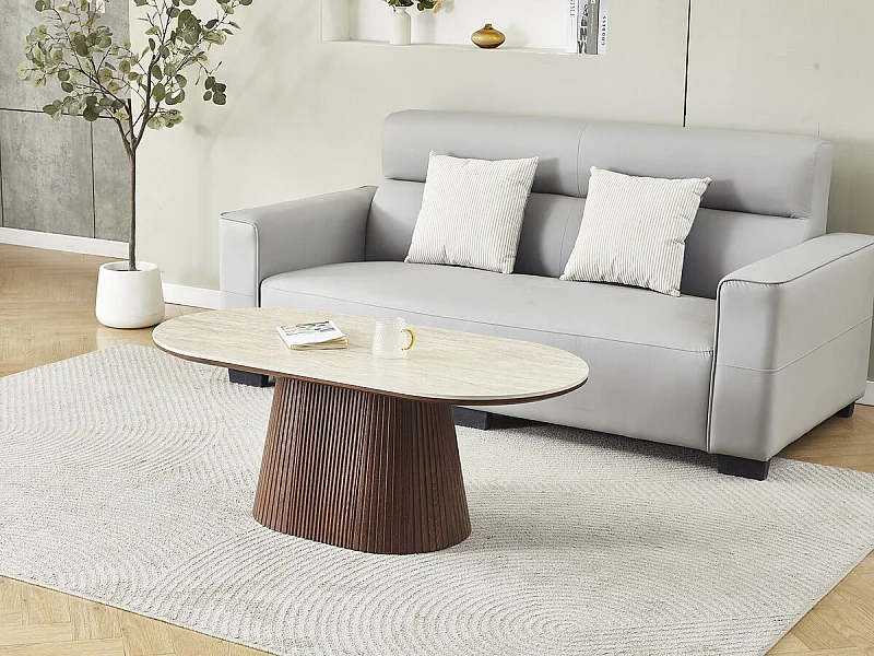 Mesa de centro ovalada Portofino 120x60 cm en cerámica travertino y madera marrón, diseño minimalista sin almacenamiento