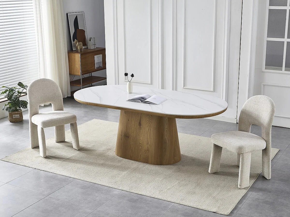 Table de repas en bois ovale en céramique "Bellagio" - 8 places - Blanc et marron