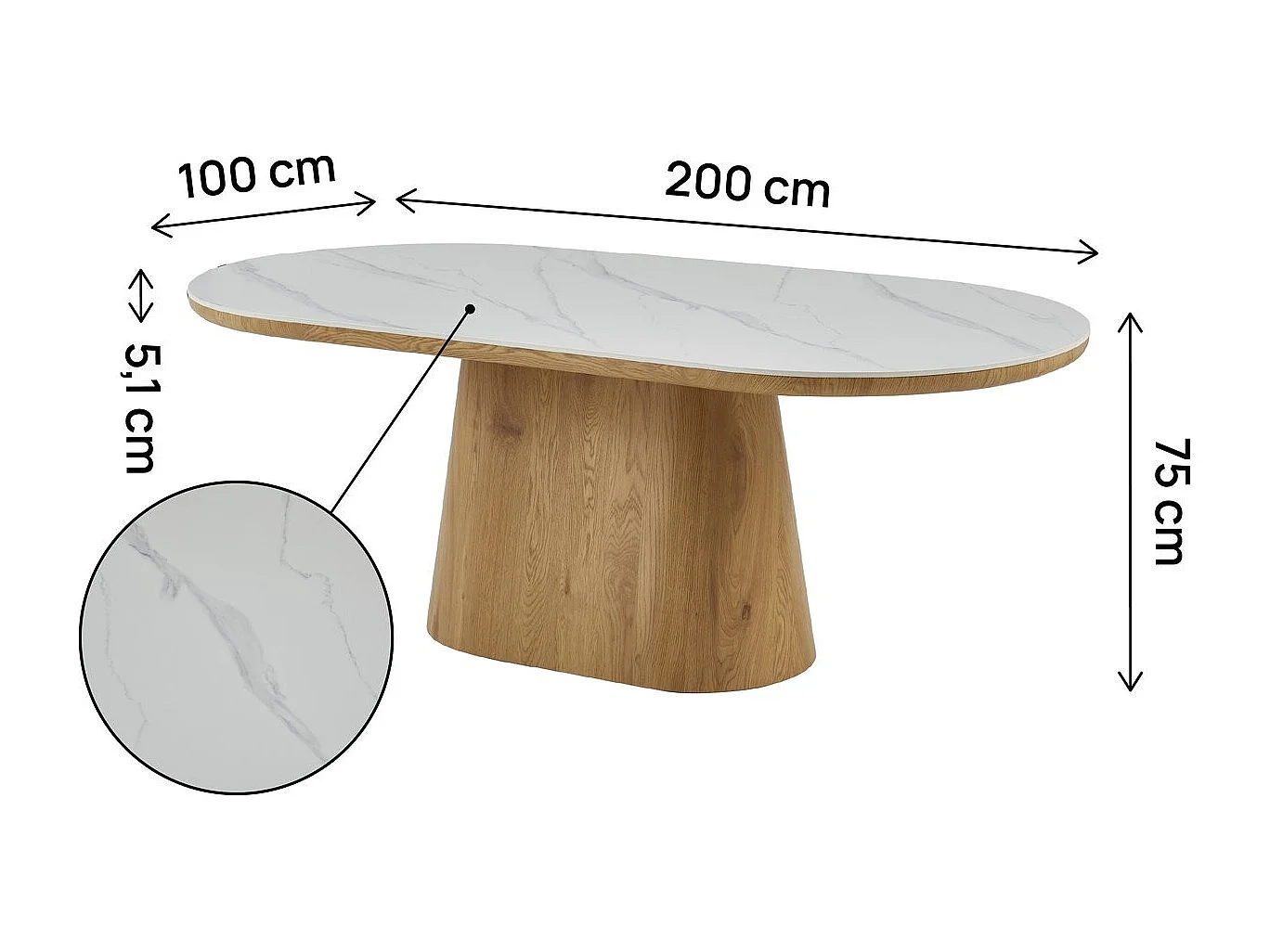 Table de repas en bois ovale en céramique "Bellagio" - 8 places - Blanc et marron