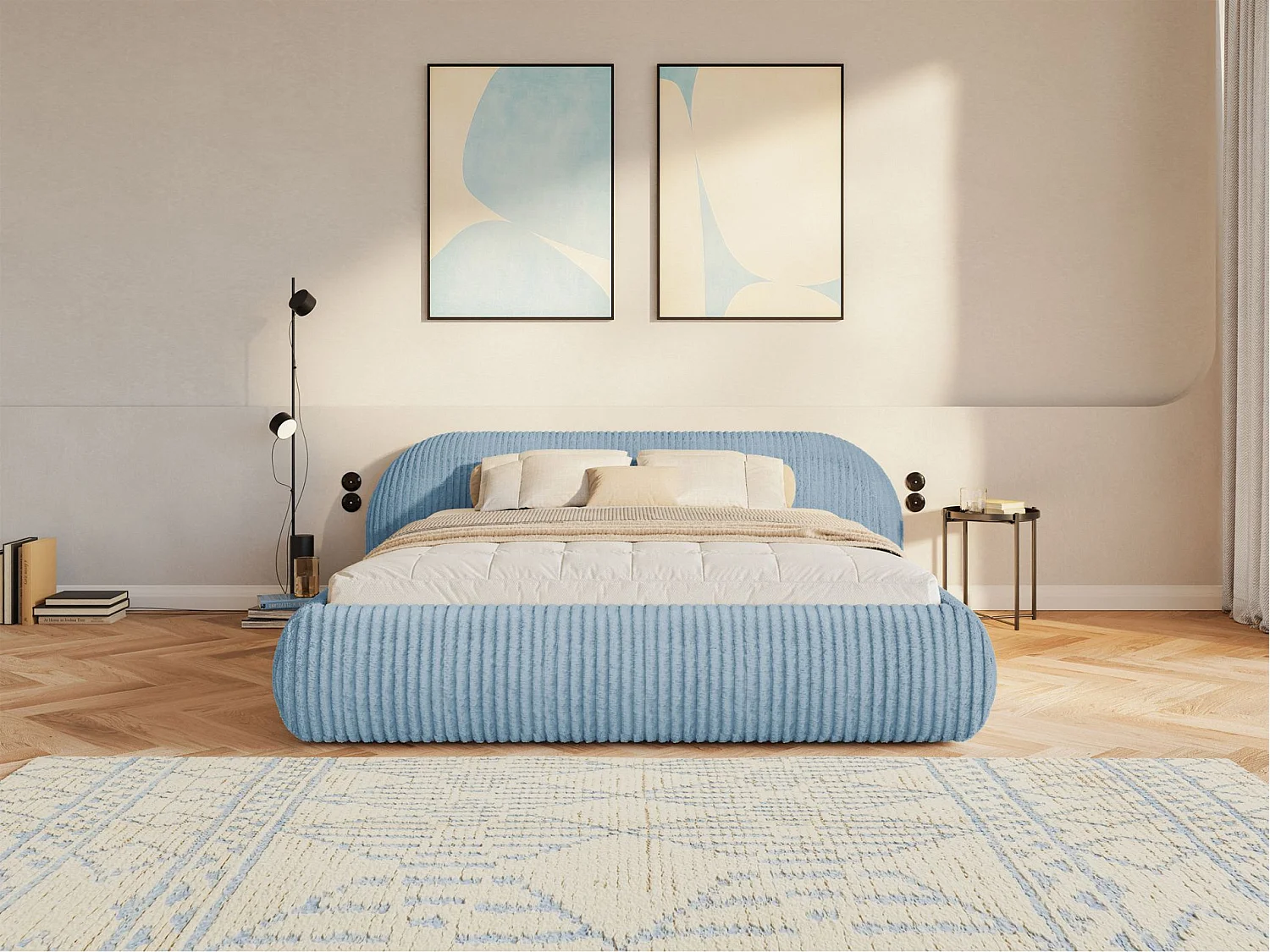 Lit rembourré 160x200 – en velours côtelé – bleu – SHELS LOW