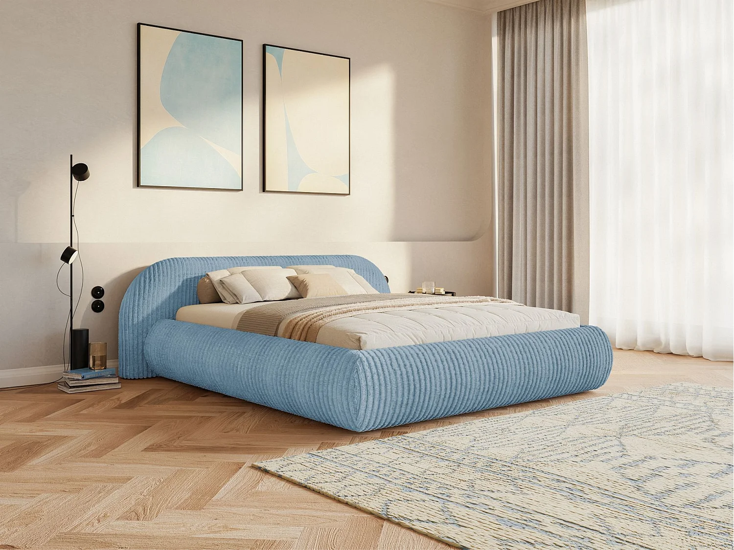 Lit rembourré 140x200 – en velours côtelé – bleu – SHELS LOW