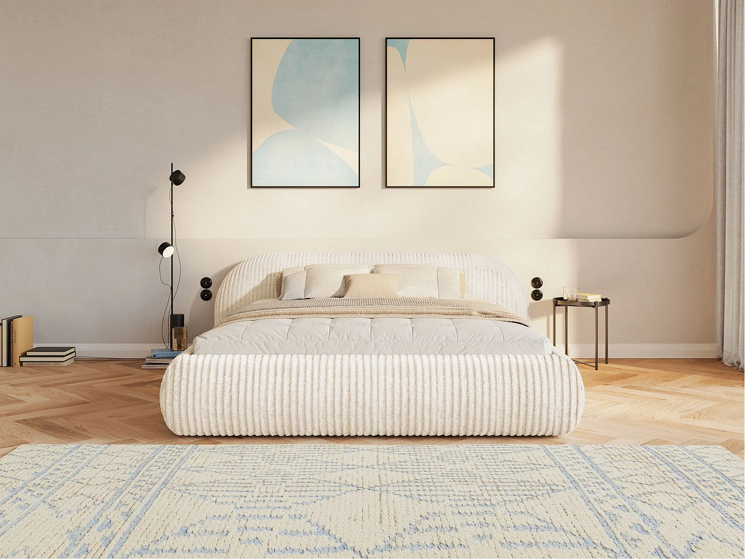 Polsterbett 160x200 – Breitcord – Creme – SHELS LOW
