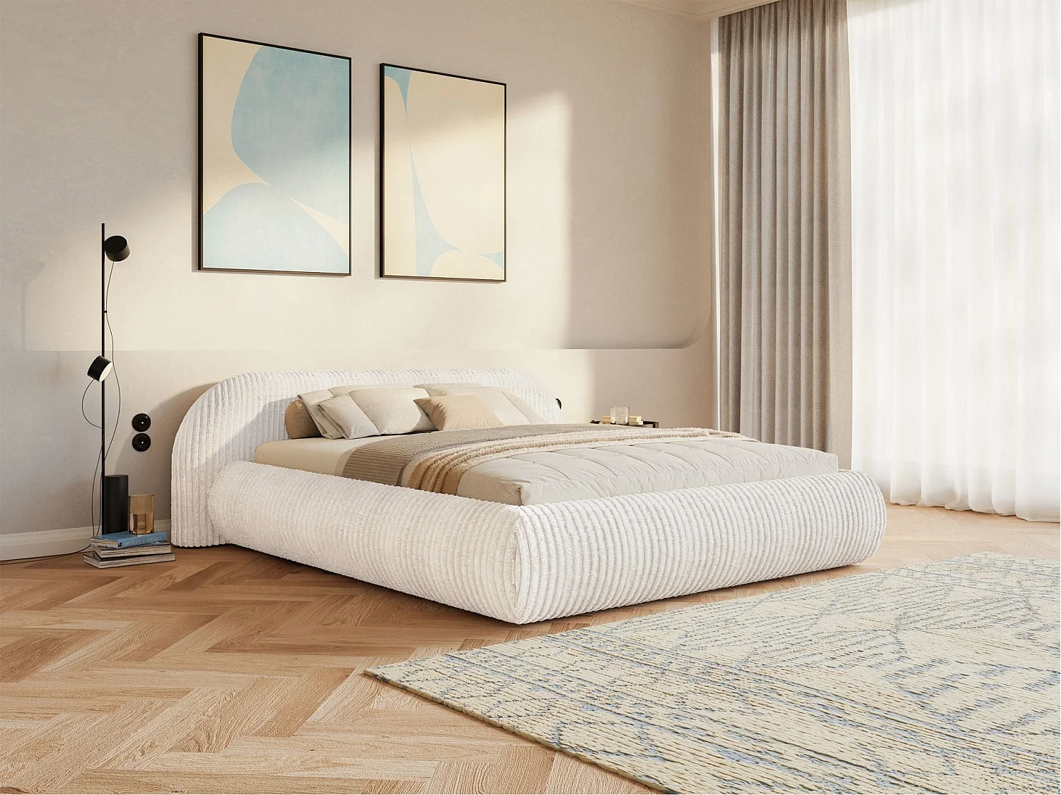 Lit rembourré 160x200 – en velours côtelé – crème – SHELS LOW