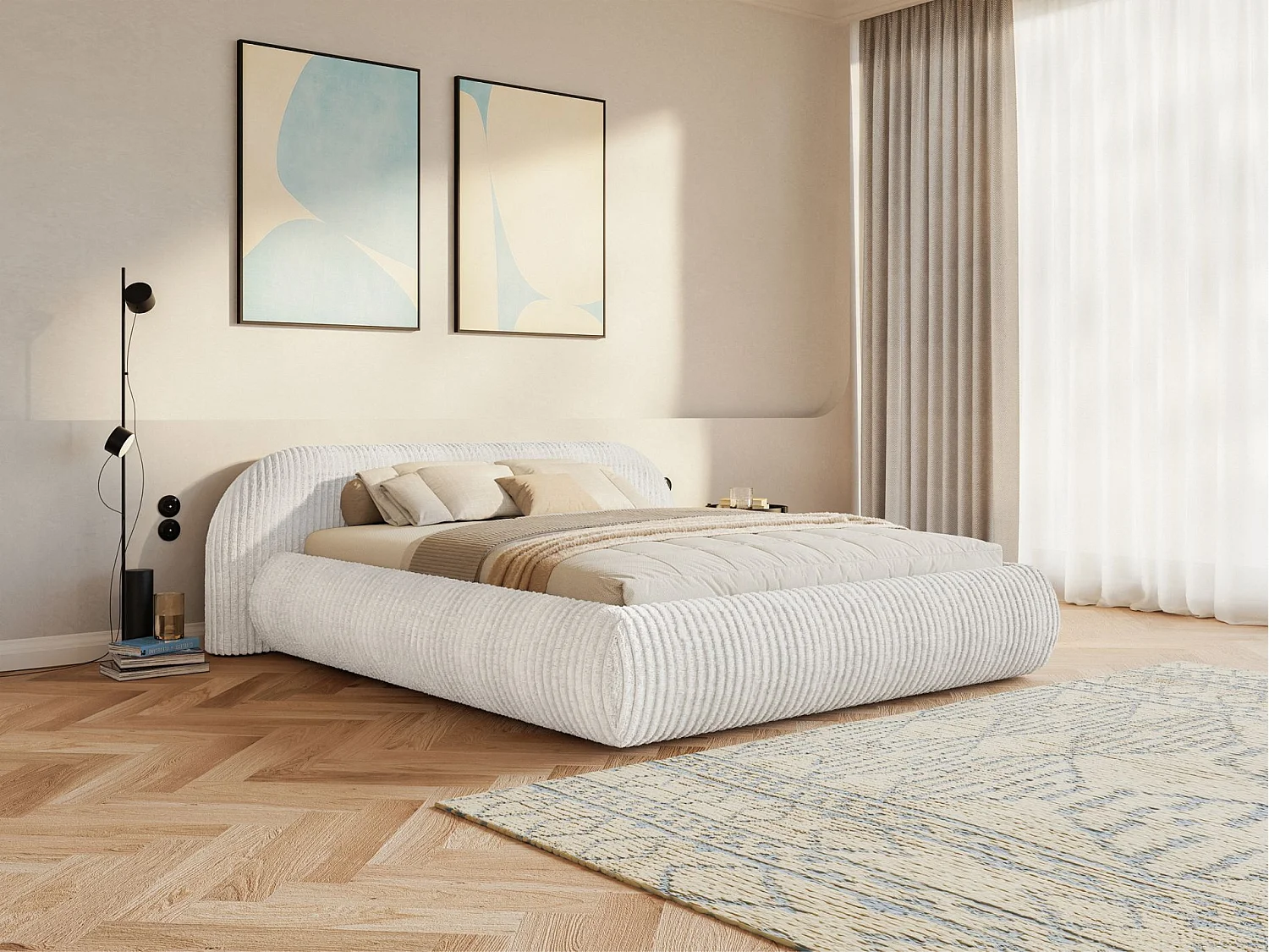 Lit rembourré 180x200 – avec coffre – en velours côtelé – gris clair – SHELS LOW