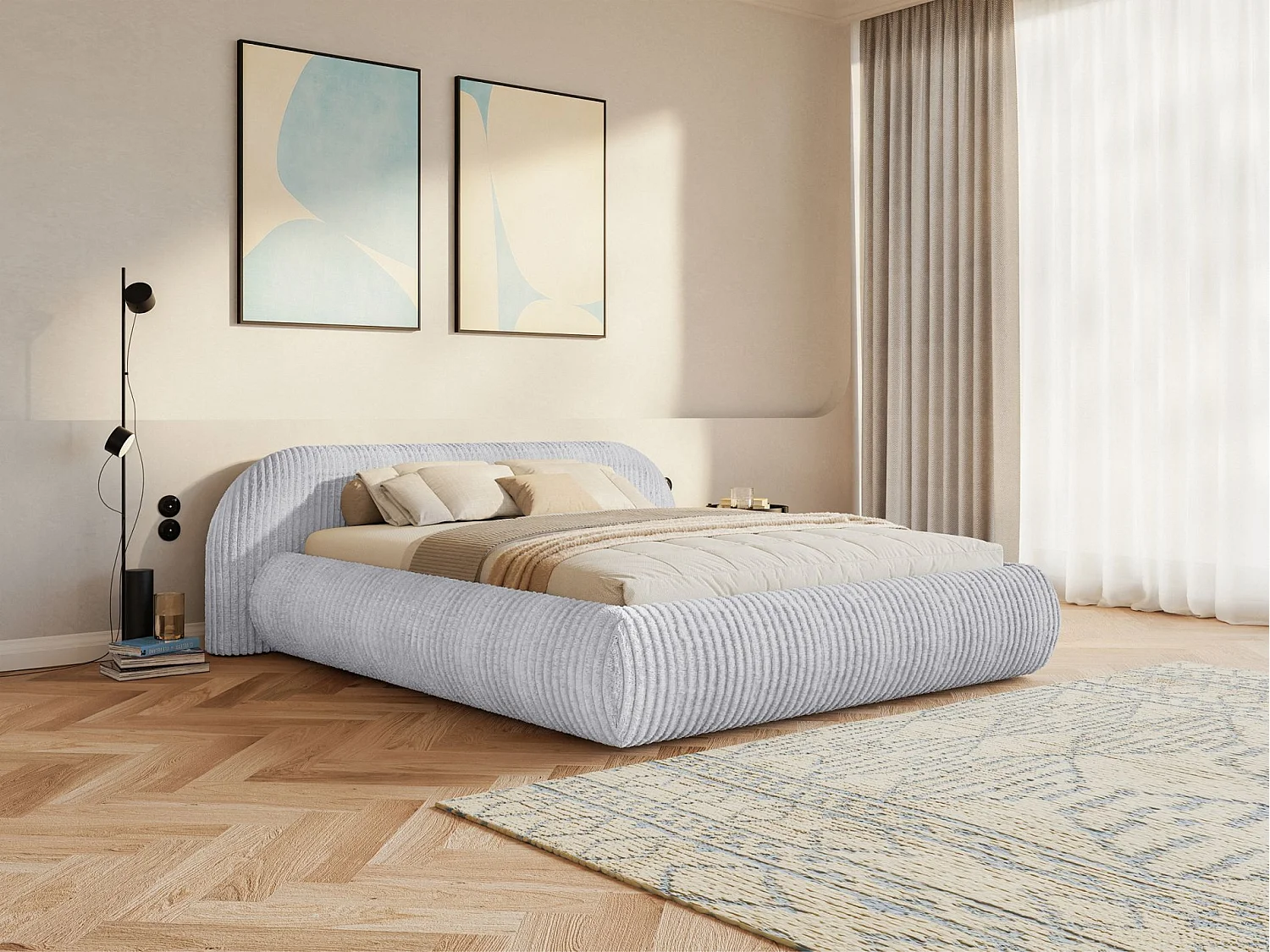 Lit rembourré 180x200 – avec coffre – en velours côtelé – gris – SHELS LOW