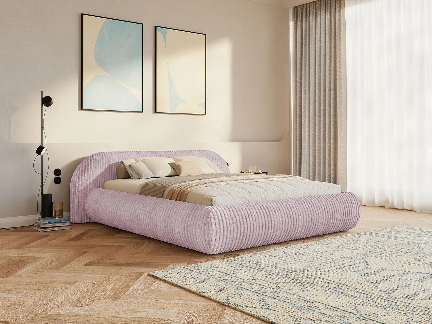 Lit rembourré 160x200 – avec coffre – en velours côtelé – rose – SHELS LOW