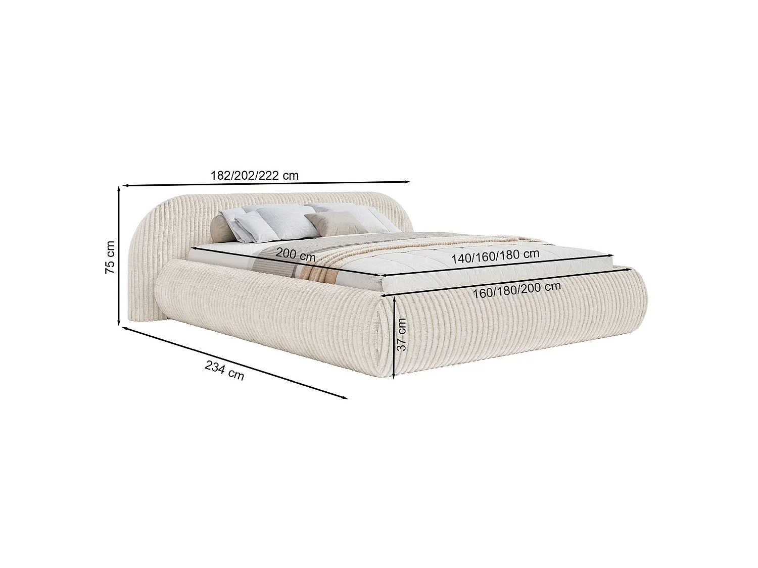 Lit rembourré 160x200 – en velours côtelé – rose – SHELS LOW