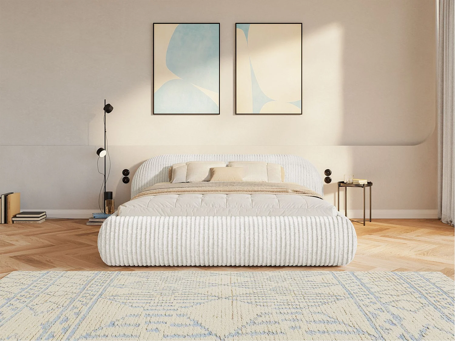 Polsterbett 140x200 – Breitcord – Hellgrau – SHELS LOW