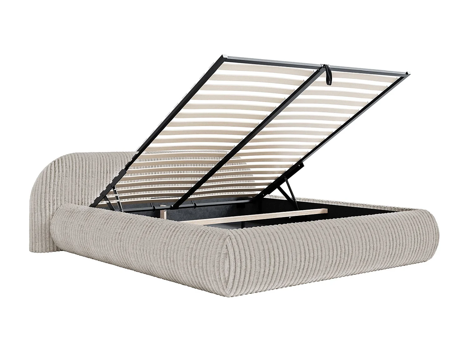 Lit rembourré 140x200 – avec coffre – en velours côtelé – gris beige – SHELS LOW
