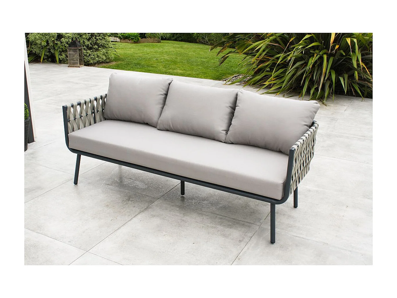 Salón de jardín 5 plazas con tiras de tela trenzadas