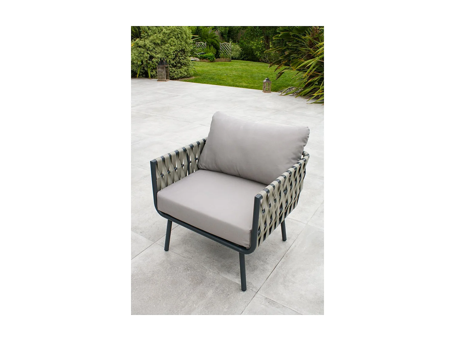 Salón de jardín 5 plazas con tiras de tela trenzadas