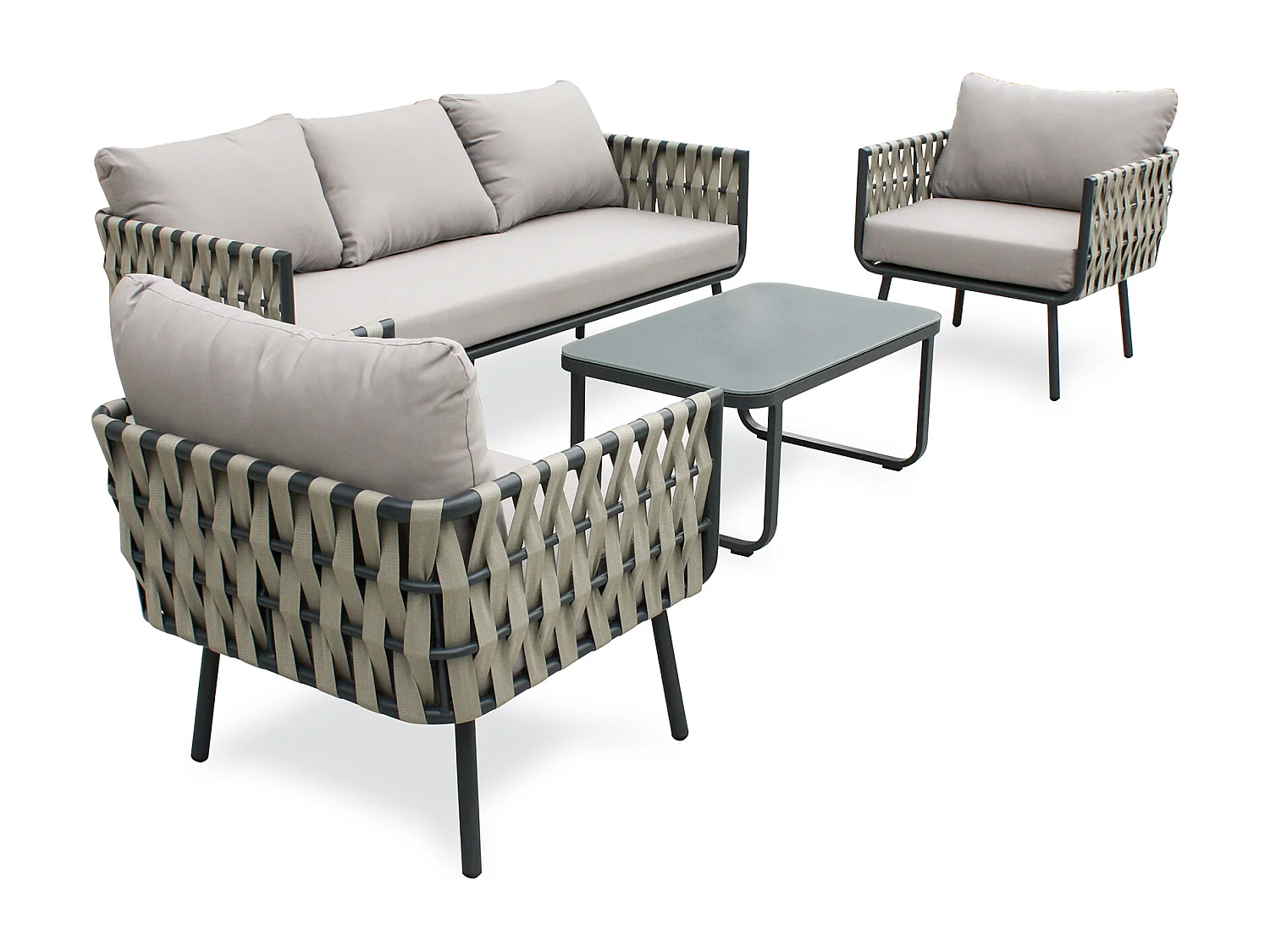 Salón de jardín 5 plazas con tiras de tela trenzadas