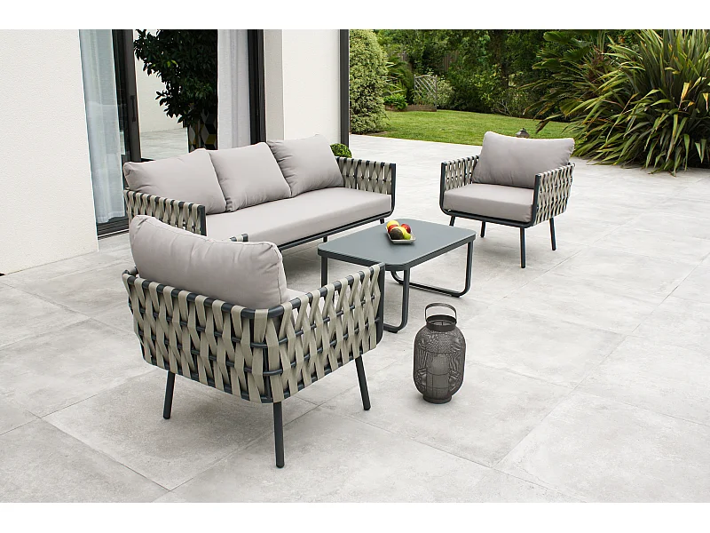 Salón de jardín 5 plazas con tiras de tela trenzadas