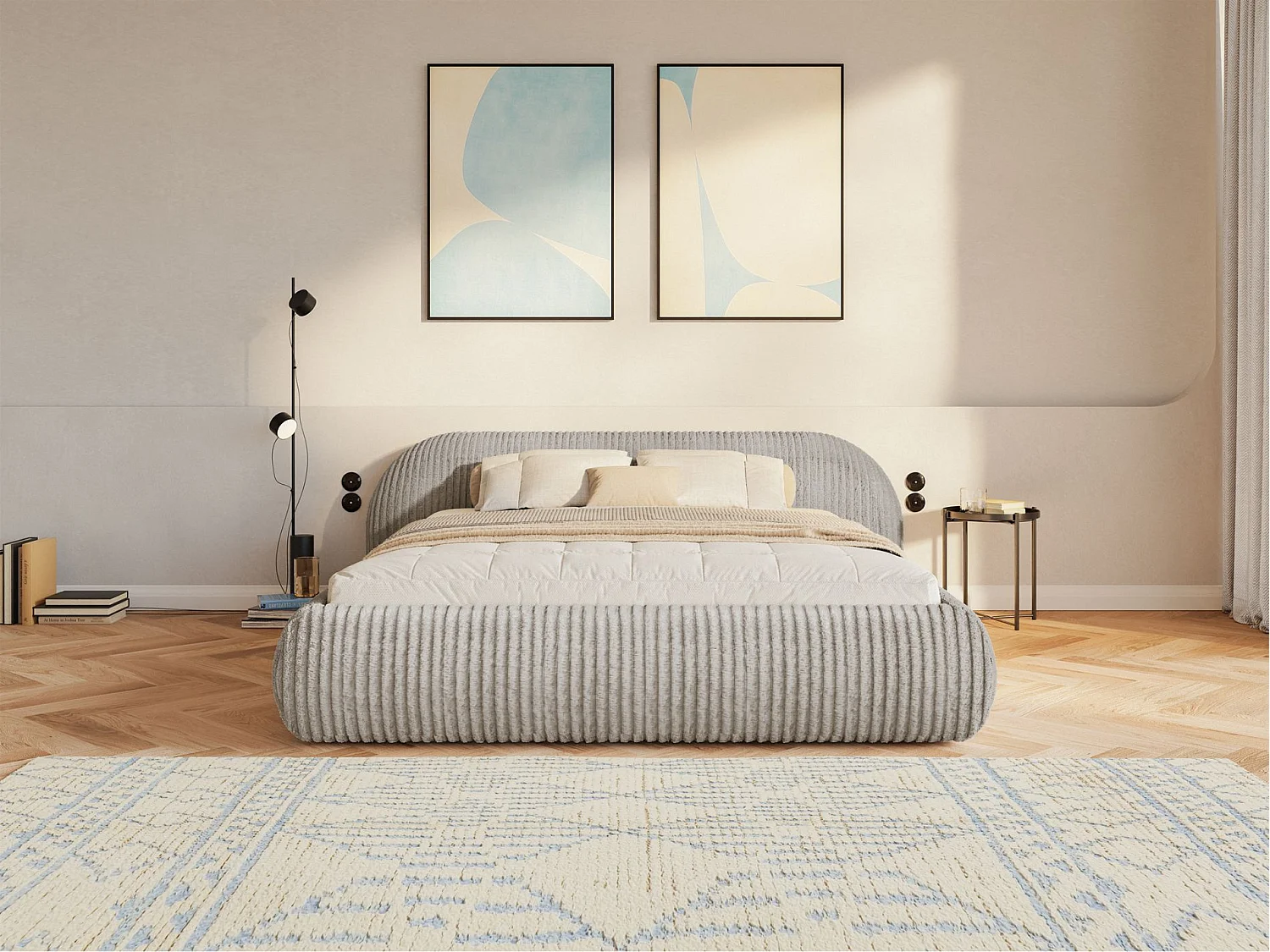 Polsterbett 140x200 – Breitcord – Graubeige – SHELS LOW