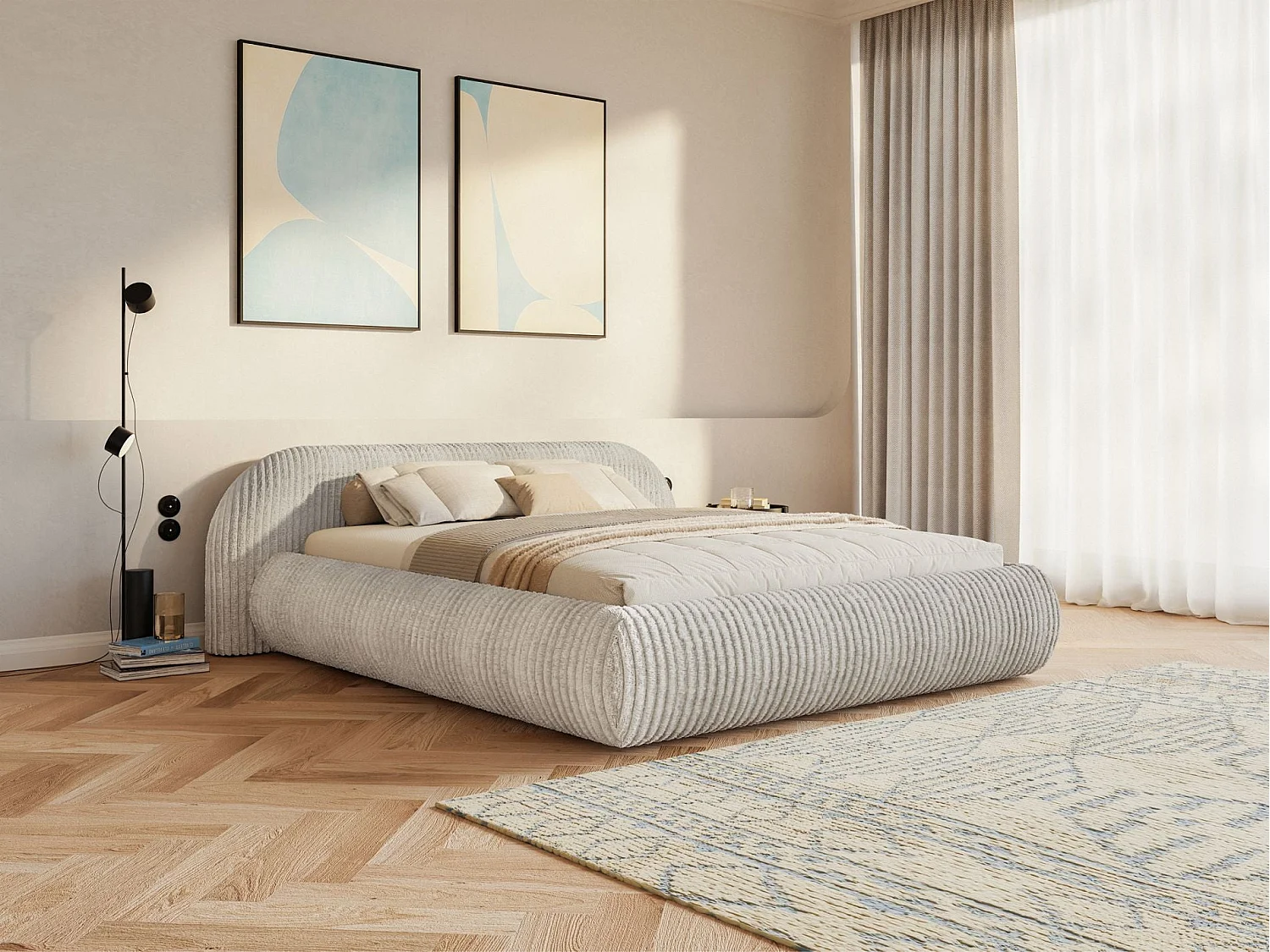 Lit rembourré 140x200 – en velours côtelé – gris beige – SHELS LOW