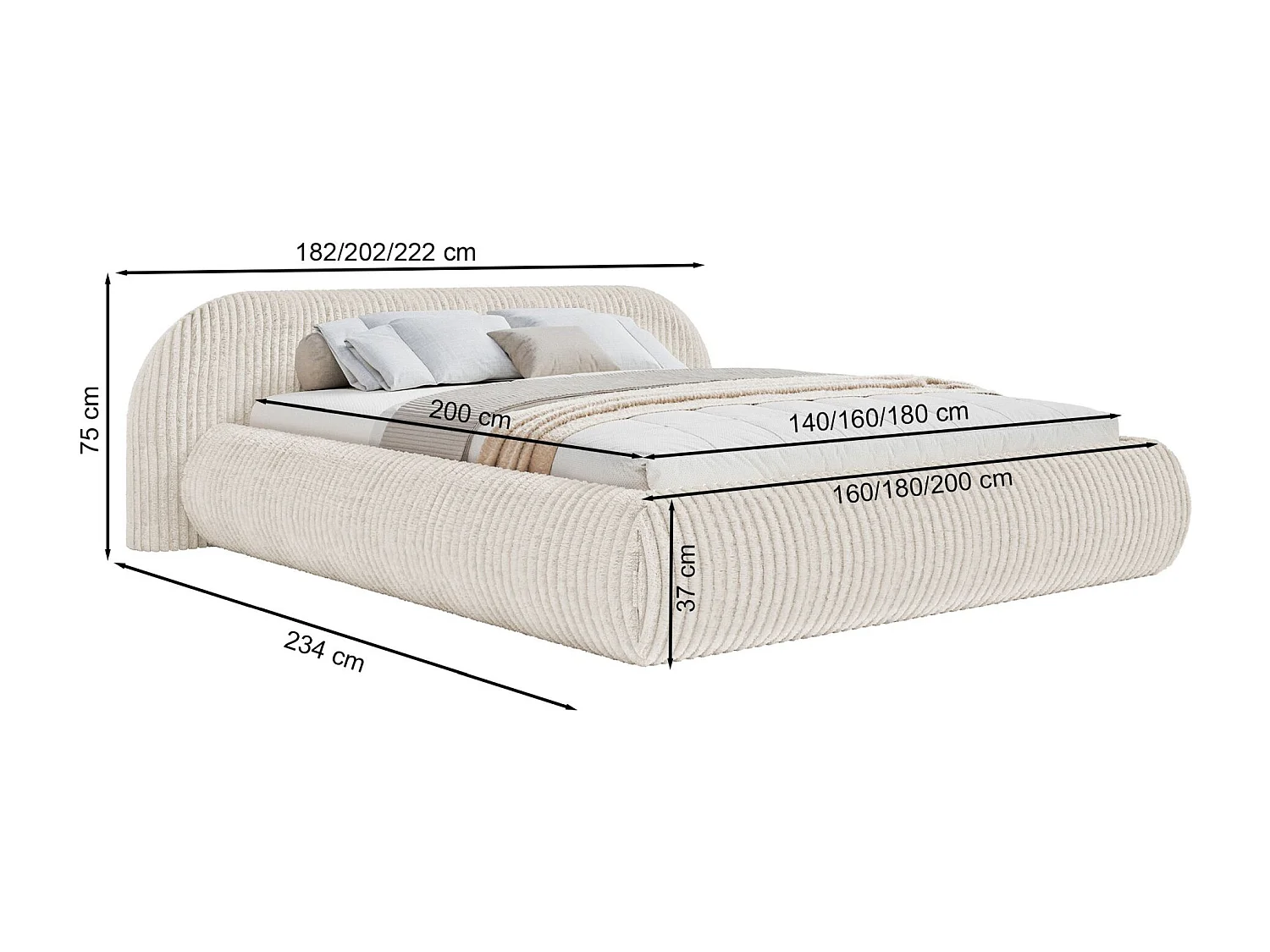 Lit rembourré 160x200 – en velours côtelé – gris beige – SHELS LOW