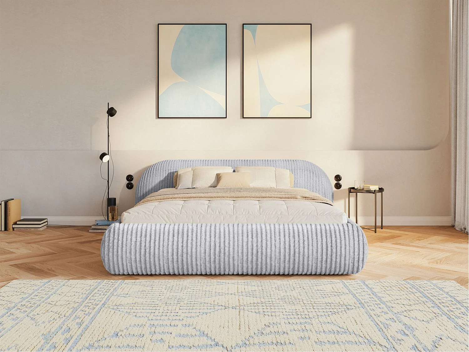 Lit rembourré 180x200 – en velours côtelé – gris – SHELS LOW