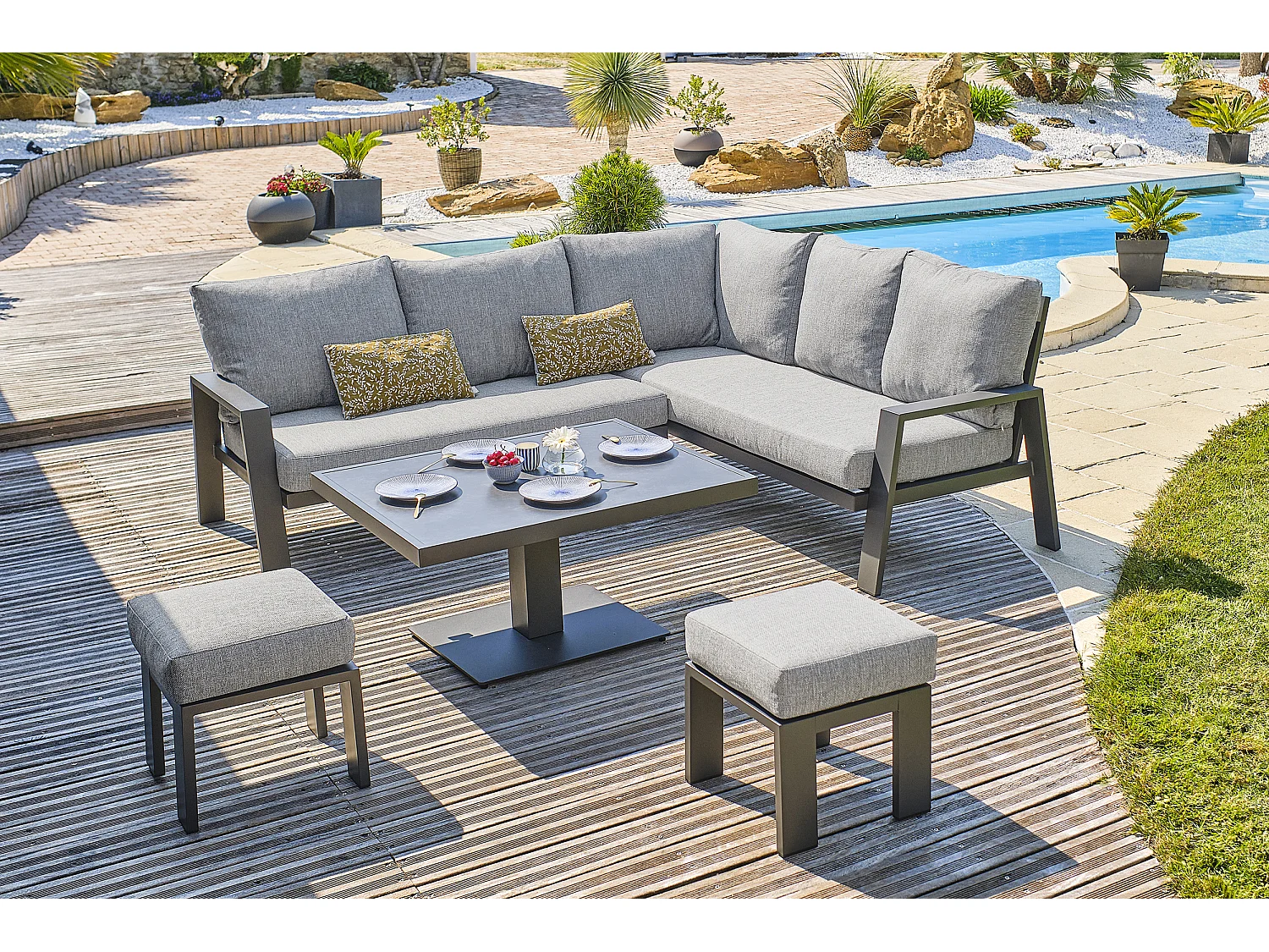 7-Sitzer-Garten-Essgruppe aus Aluminium mit Keramikplatte auf Glas