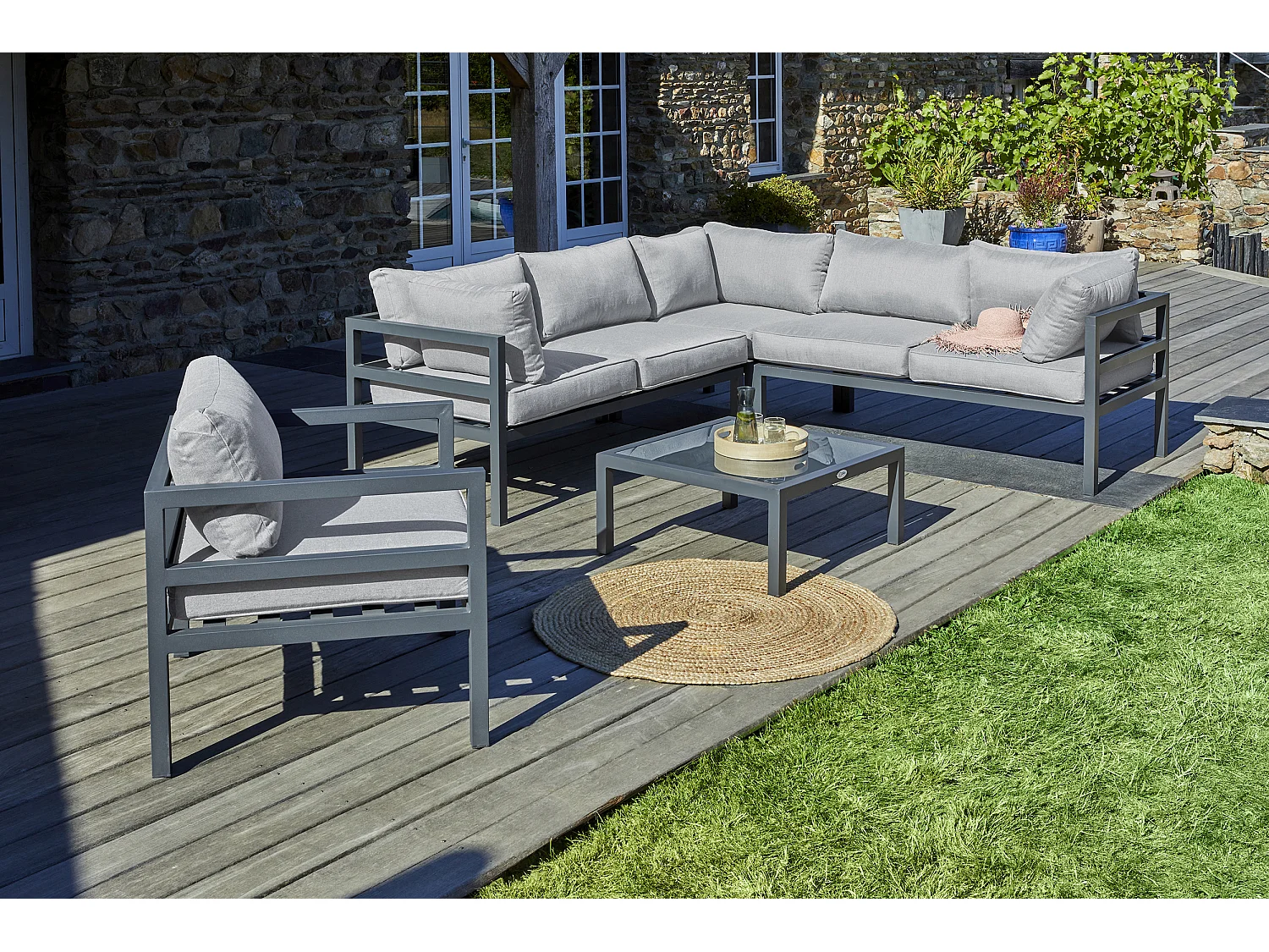 Salon de Jardin d'Angle 6 Places "Beaubourg" 145cm Gris Anthracite