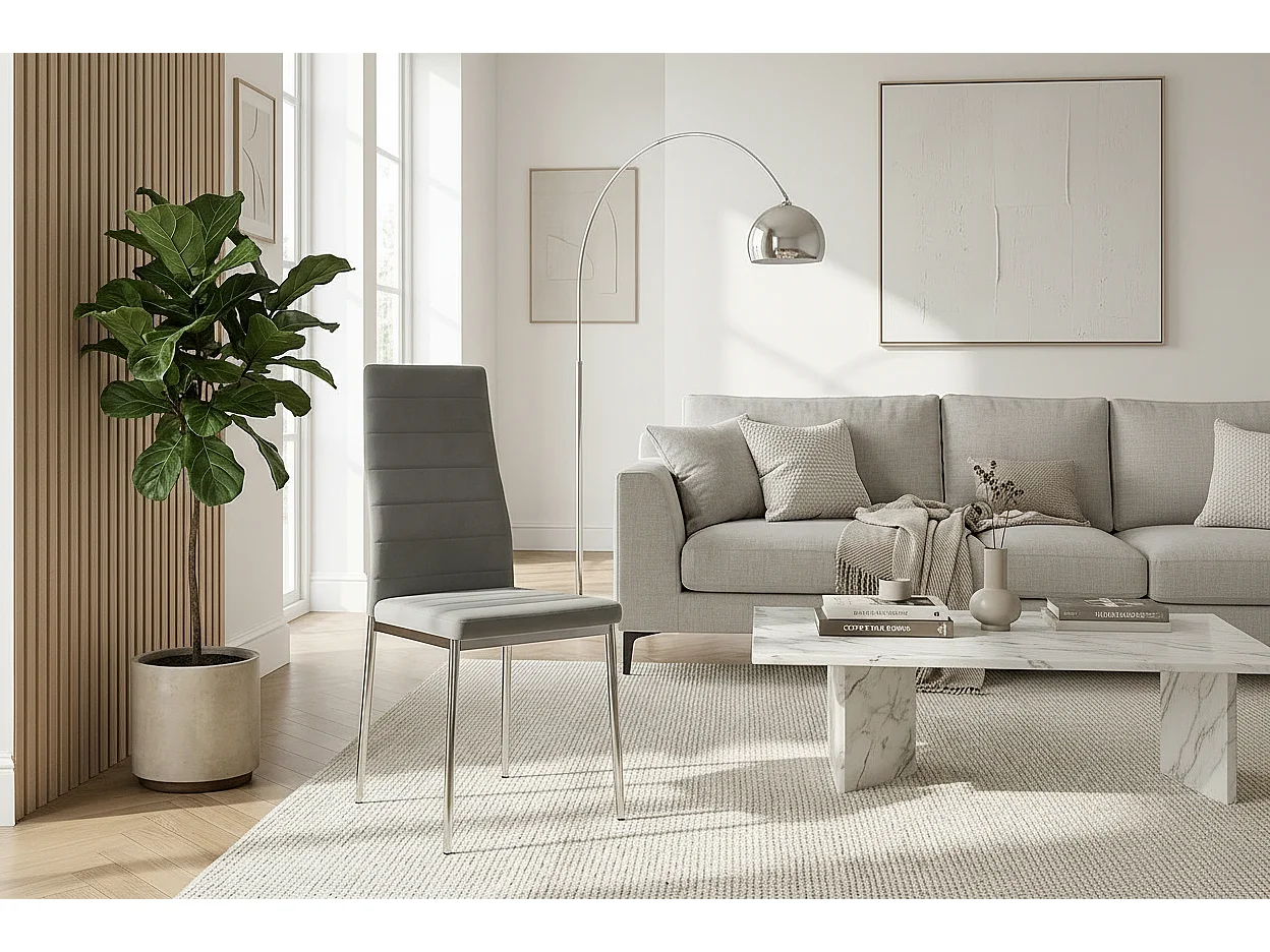 Lot 6 chaises velours gris pieds métal chrome 39x39x95 cm TOLIA