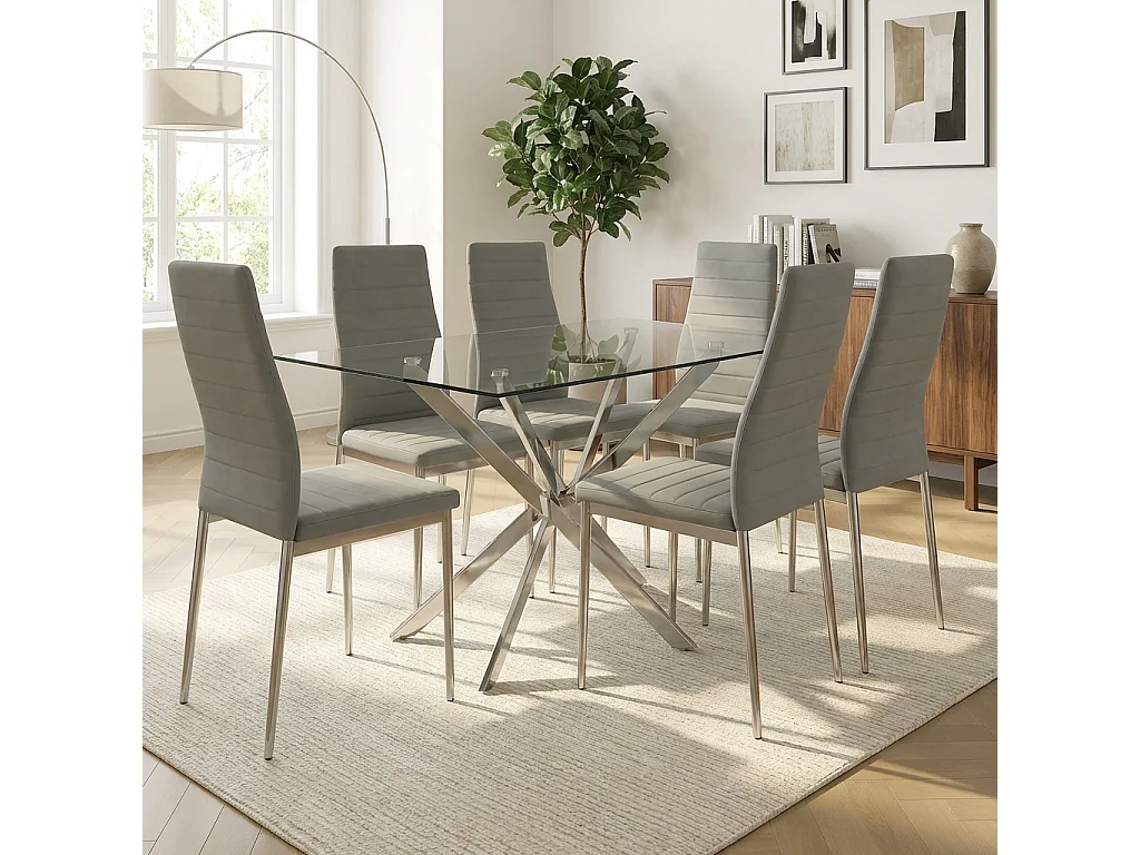 Lot 6 chaises velours gris pieds métal chrome 39x39x95 cm TOLIA