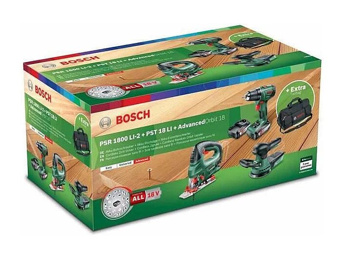 Bosch 3-delige 18V draadloze gereedschapsset: boor-schroefmachine PSR 1800 LI-2, decoupeerzaag PST, excentrische schuurmachine + 2 batterijen 2,5Ah Power4All