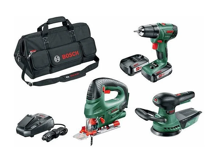 Bosch 3-delige 18V draadloze gereedschapsset: boor-schroefmachine PSR 1800 LI-2, decoupeerzaag PST, excentrische schuurmachine + 2 batterijen 2,5Ah Power4All