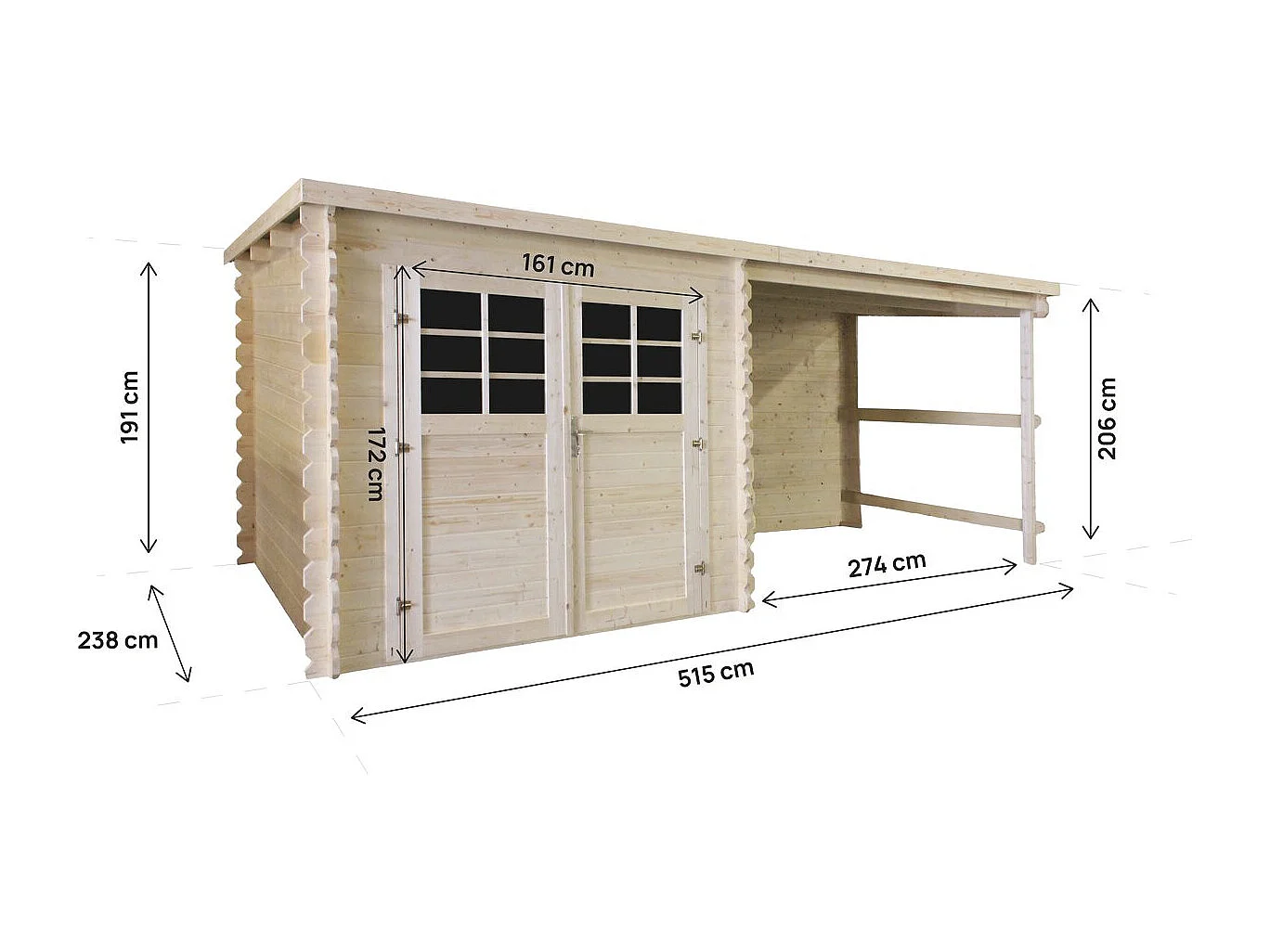 Abri de jardin en bois avec auvent "Montval" - 14 m² - 28 mm