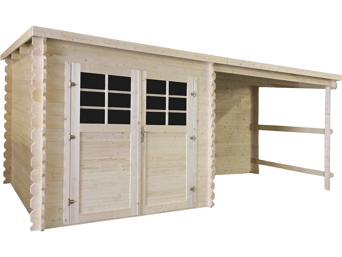 Houten tuinhuis 14 m² Montval met luifel, dubbele glazen deur, planken 28 mm, robuust en ruim