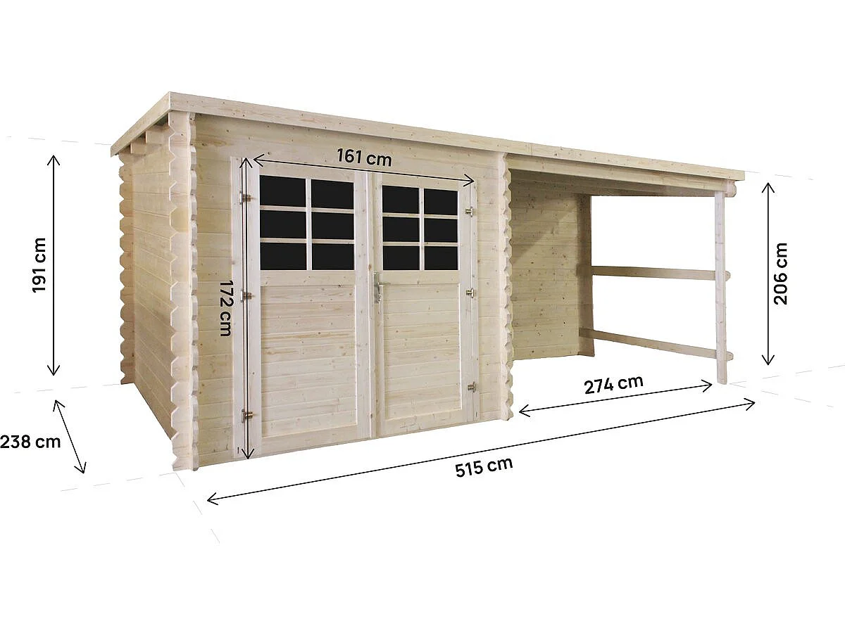 Houten tuinhuis 14 m² Montval met luifel, dubbele glazen deur, planken 28 mm, robuust en ruim