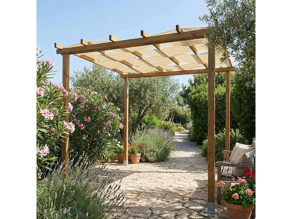 Pergola in Legno da Giardino SLIM 300x300 cm, con Copertura a Teli Onda in PVC