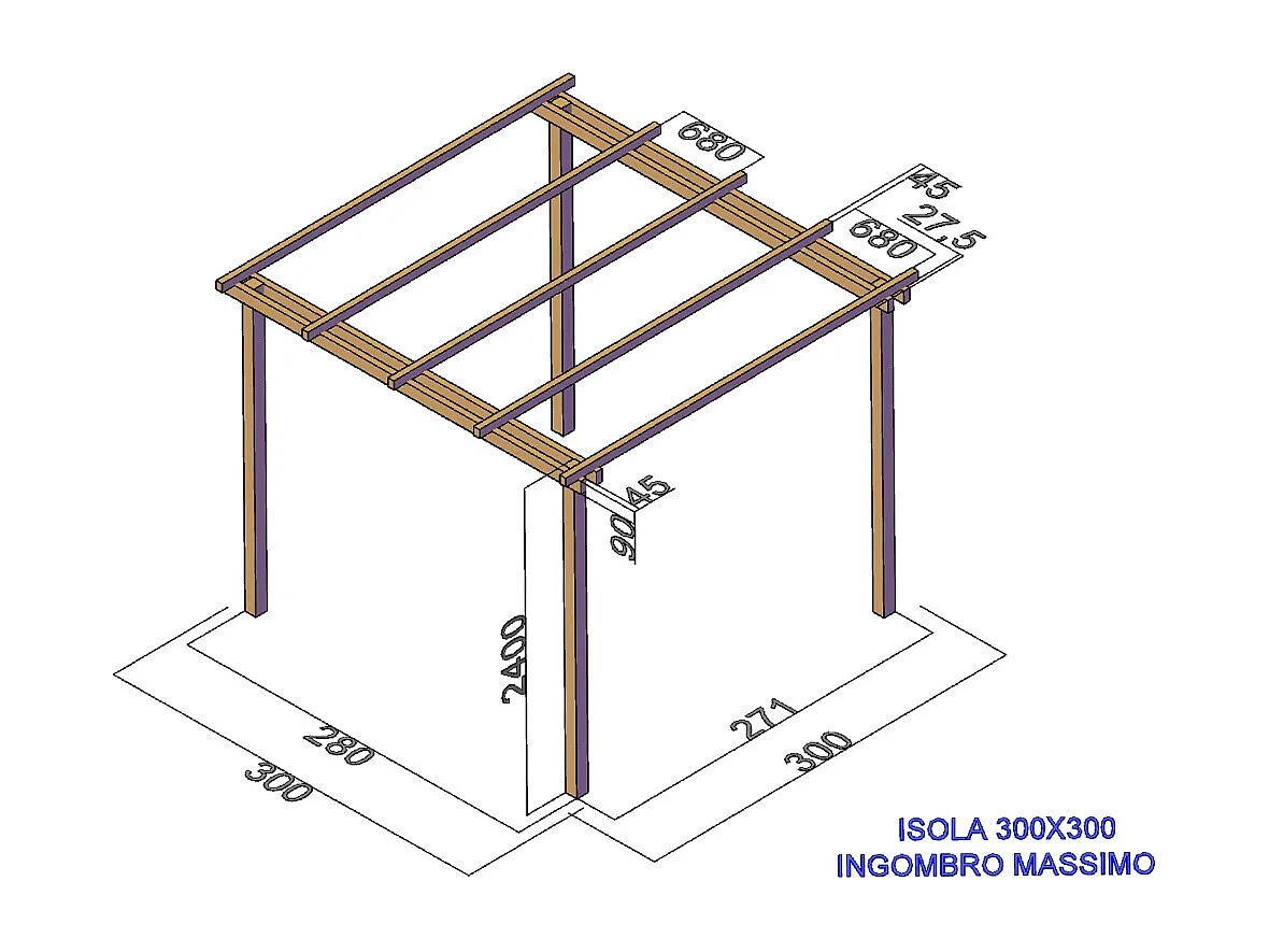 Pergola in Legno da Giardino SLIM 300x300 cm, con Copertura a Teli Onda in PVC