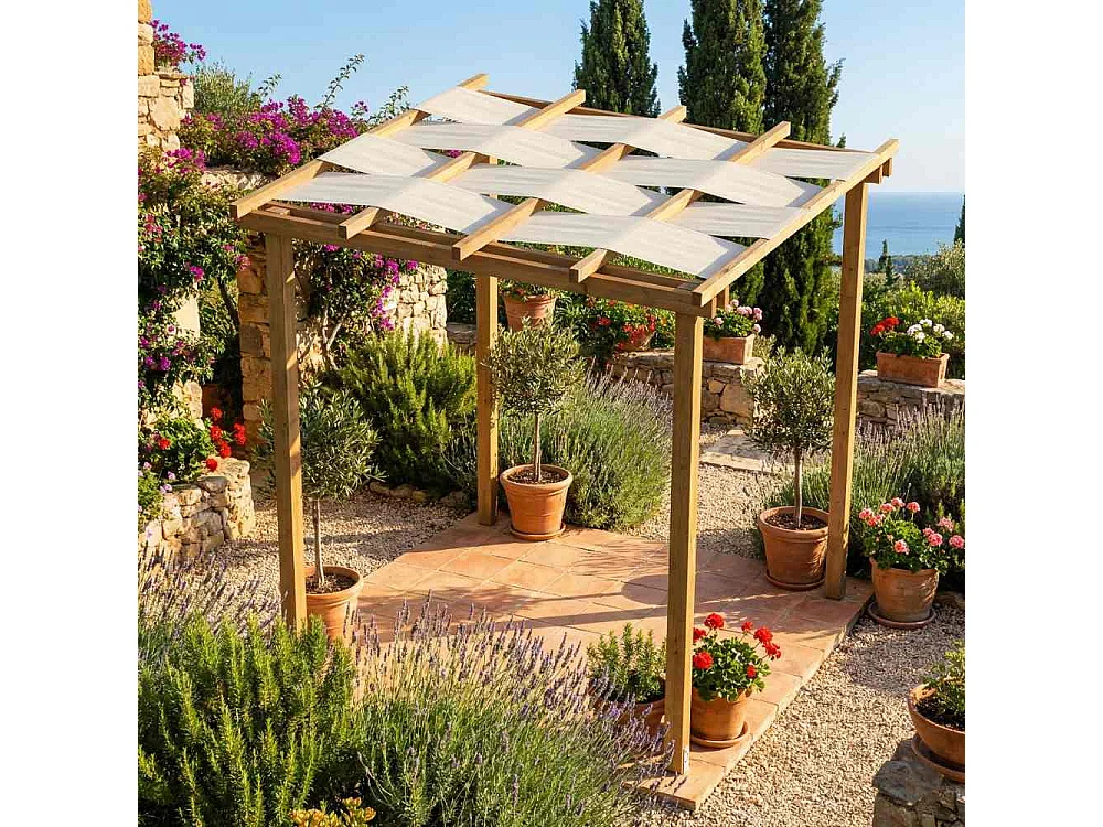 Pergola in Legno da Giardino SLIM 240X240 cm, con Copertura a Teli Onda in PVC