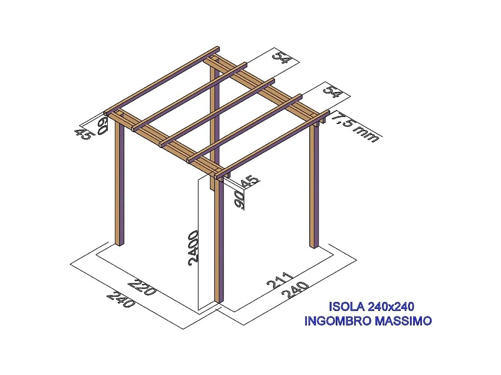 Pergola in Legno da Giardino SLIM 240X240 cm, con Copertura a Teli Onda in PVC