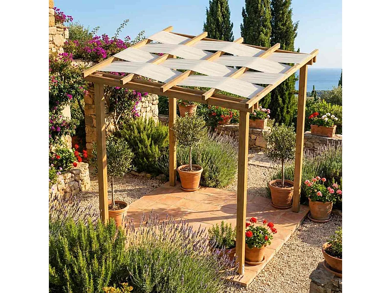 Pergola in Legno da Giardino SLIM 240X240 cm, con Copertura a Teli Onda in PVC