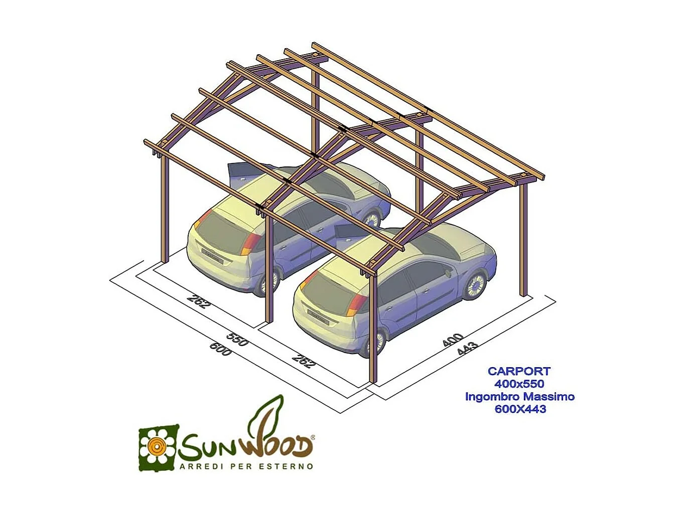 Pergola Carport in legno 400x550 cm, in pino impregnato, Made in Italy