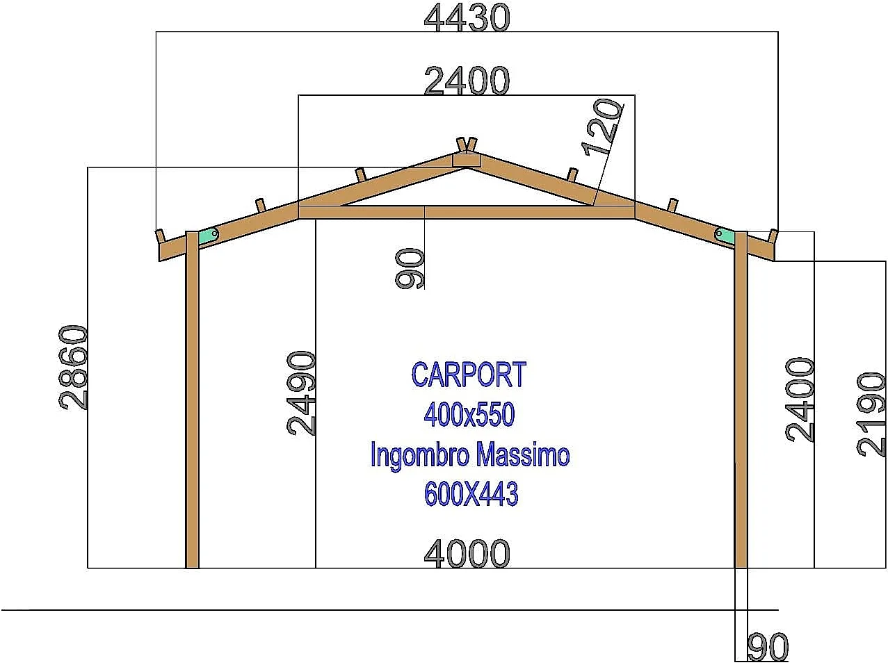 Pergola Carport in legno 400x550 cm, in pino impregnato, Made in Italy