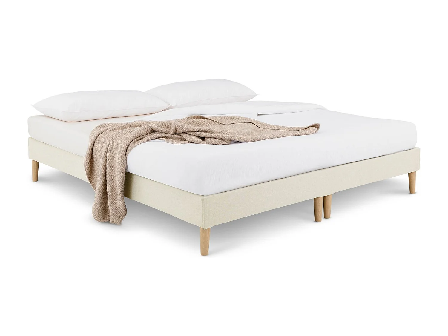 Sommier tapissier RENNES 180 x 200 cm structure en bois et revêtement en tissu blanc crème, cadre de lit avec pieds