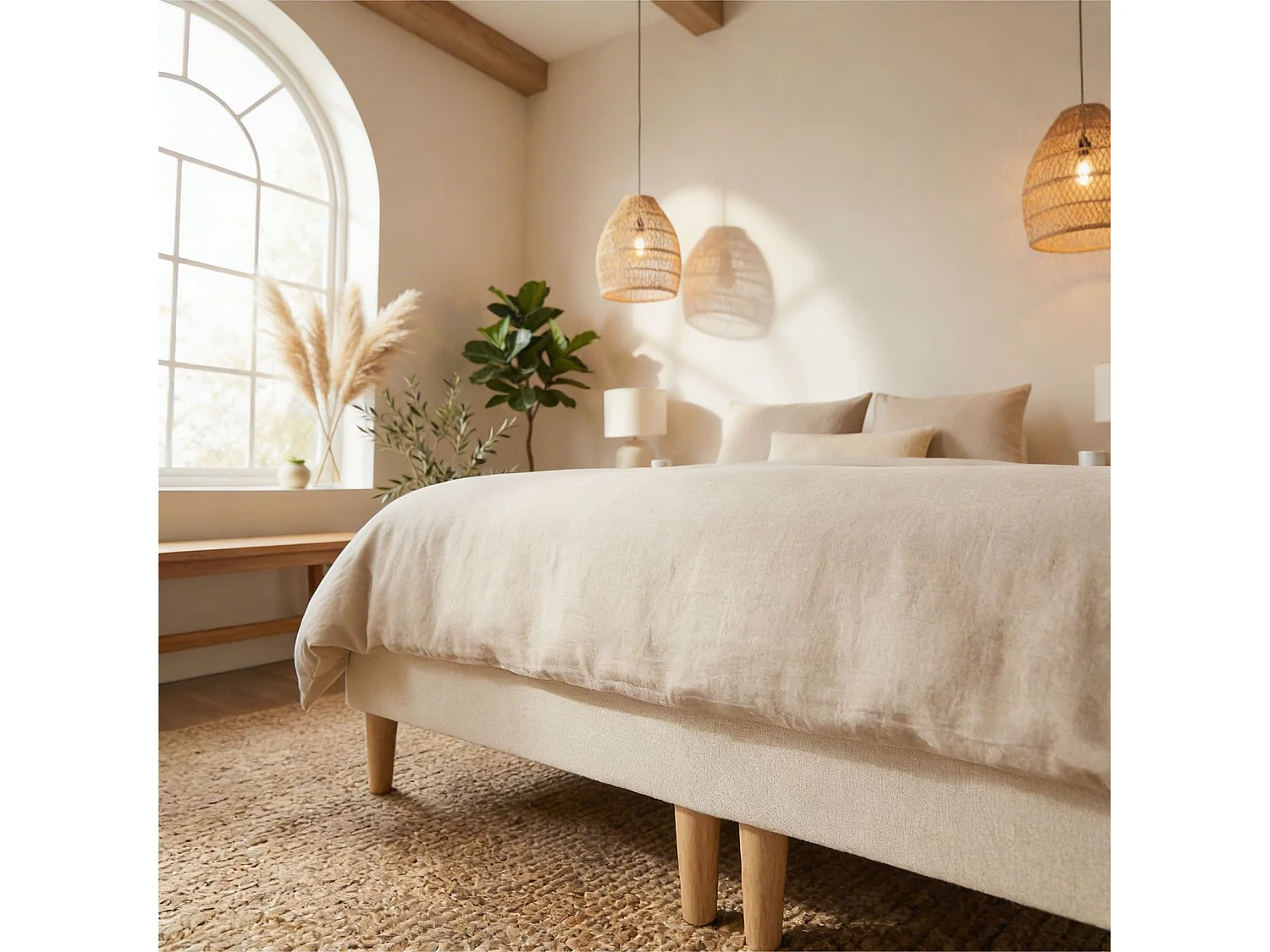 Sommier tapissier RENNES 180 x 200 cm structure en bois et revêtement en tissu blanc crème, cadre de lit avec pieds