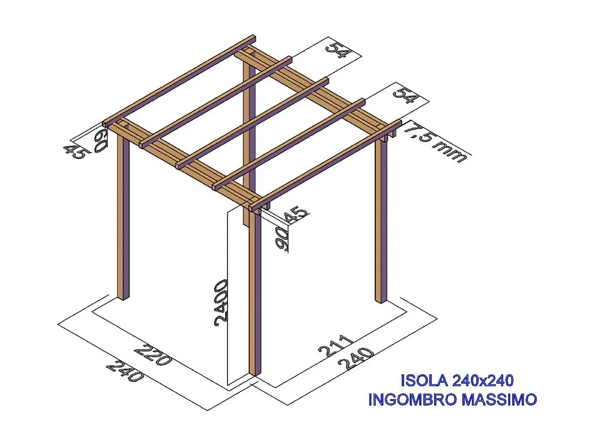 Pergola in Legno 240x240 cm, in Pino Massello Impregnato 9x9 cm, ALTEZZA 240 cm