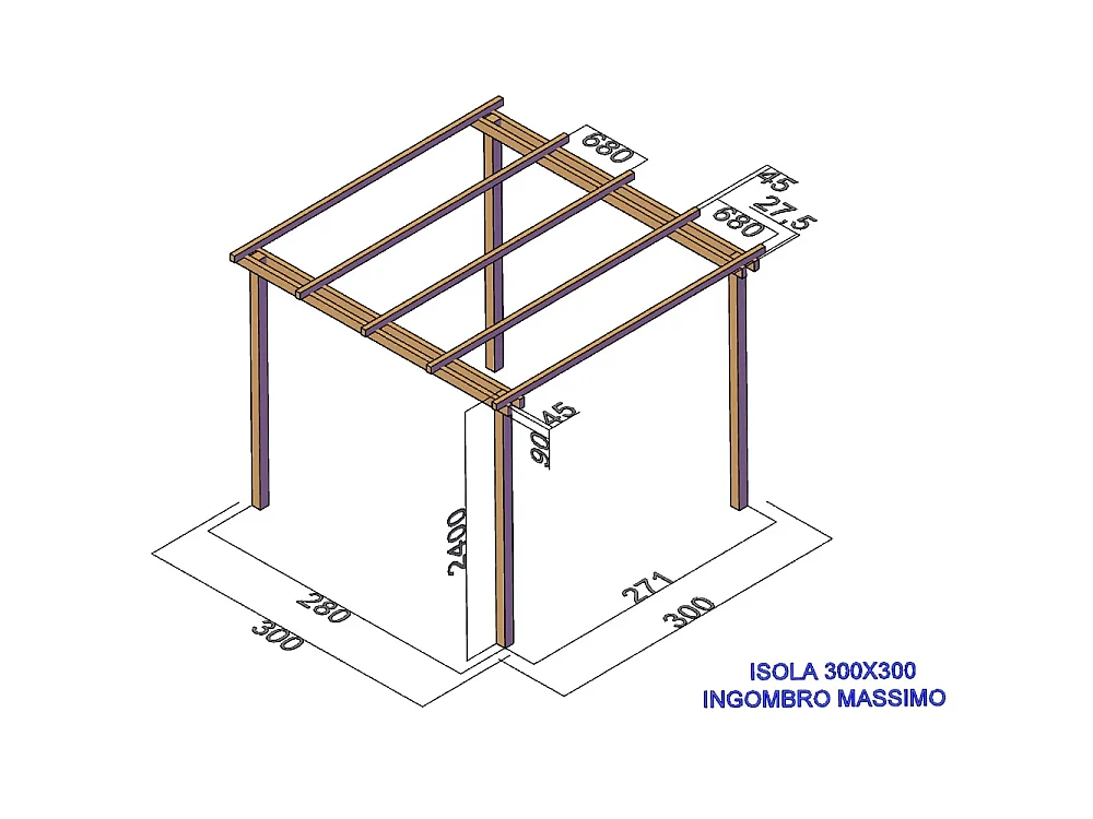Pergola in Legno con Copertura Removibile, 300x300 cm, in Massello Impregnato