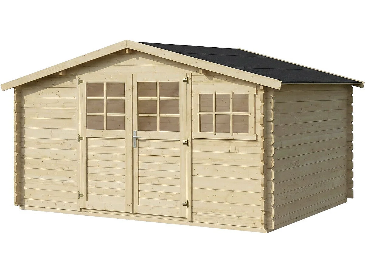 Houten tuinhuis "Clairval" 12,53 m² - Dubbele half-glasdeur, plexiglasraam, hellend dak, dikte 28 mm