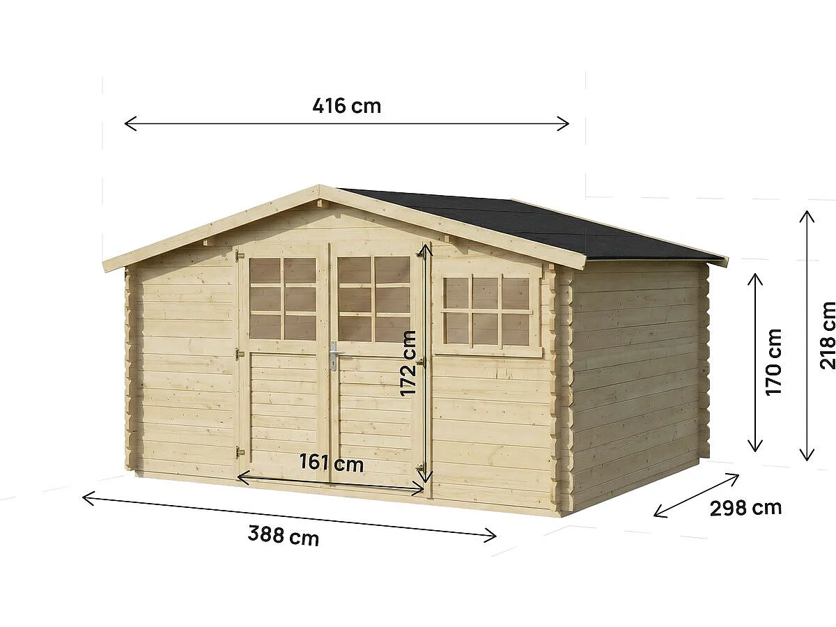 Houten tuinhuis "Clairval" 12,53 m² - Dubbele half-glasdeur, plexiglasraam, hellend dak, dikte 28 mm