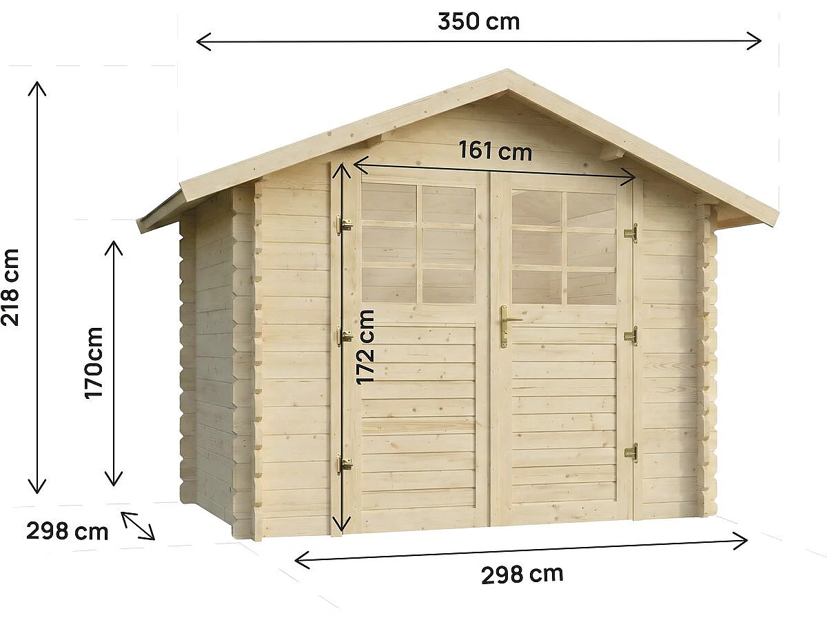 Houten tuinhuis "Beaufort" 10,53 m² met dubbele half-glasdeur en schuin dak - 28 mm dikte